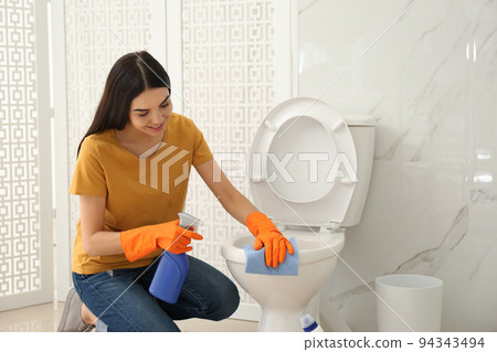 A girl cleaning toilet by rag and spray Royalty Free Vector