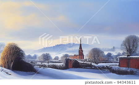 Digital art painting Wonderful Winter in Ledbury town, Herefordshire in England. 3D illustration Digital art painting Wonderful Winter in Ledbury town, Herefordshire in England. 3D illustration 94343611