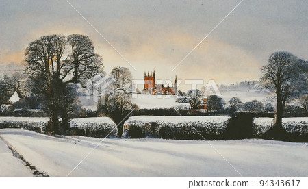 Digital art painting Wonderful Winter in Ledbury town, Herefordshire in England. 3D illustration 94343617
