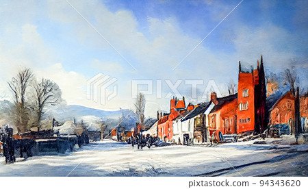 Digital art painting Wonderful Winter in Ledbury town, Herefordshire in England. 3D illustration 94343620