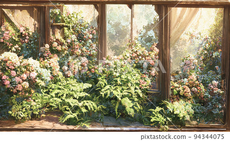 3D render the cottage window outside the garden courtyard has vines and ivy growing up the wall. 94344075