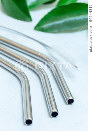 Reusable stainless steel straws and cleaning brush, eco friendly zero waste concept, vertical 94344813