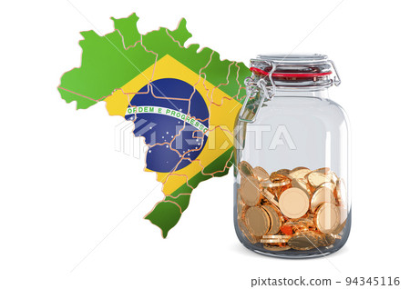 Brazilian map with glass jar full of golden coins, 3D rendering Brazilian map with glass jar full of golden coins, 3D rendering 94345116