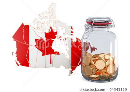 Canadian map with glass jar full of golden coins, 3D rendering Canadian map with glass jar full of golden coins, 3D rendering 94345119