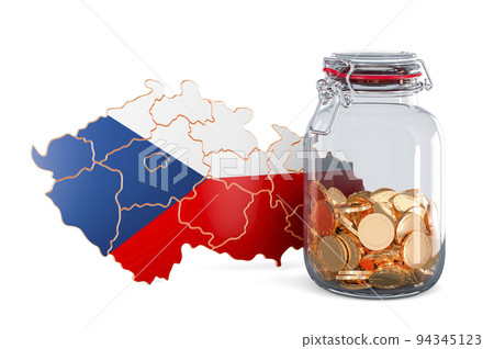 Czech map with glass jar full of golden coins, 3D rendering Czech map with glass jar full of golden coins, 3D rendering 94345123