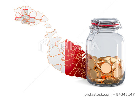 Maltese  map with glass jar full of golden coins, 3D rendering 94345147