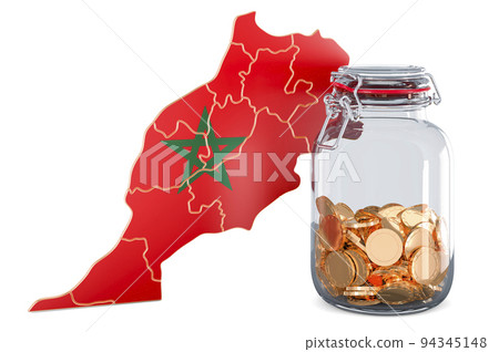 Moroccan map with glass jar full of golden coins, 3D rendering 94345148