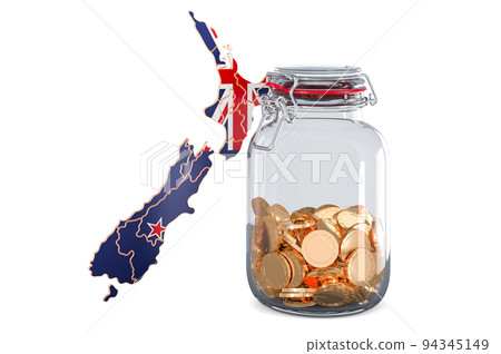 New Zealand map with glass jar full of golden coins, 3D rendering 94345149