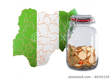 Nigerian map with glass jar full of golden coins, 3D rendering 94345150