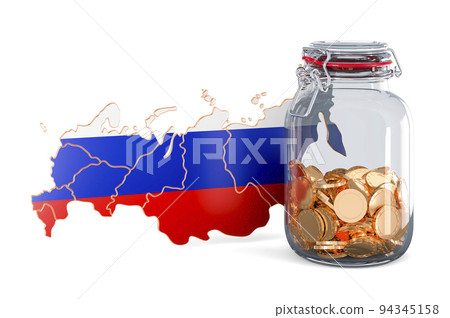 Russian map with glass jar full of golden coins, 3D rendering Russian map with glass jar full of golden coins, 3D rendering 94345158
