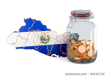 Salvadoran map with glass jar full of golden coins, 3D rendering Salvadoran map with glass jar full of golden coins, 3D rendering 94345159