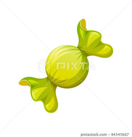 Round candy in a bright green wrapper. Sweet for kids and adults. Cartoon vector illustration. 94345687