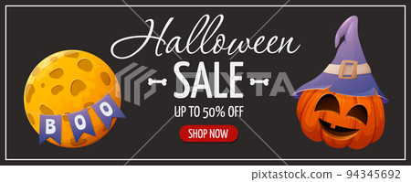 Cute pumpkin with funny face and witch hat. Fool moon with flags and text boo. Halloween sale. 94345692