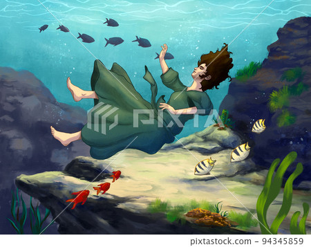 Girl floating underwater 94345859
