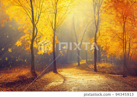 Falling leaves in autumn park, yellow and red maple trees along a sunlit alley. Digital illustration based on render by neural network Falling leaves in autumn park, yellow and red maple trees along a sunlit alley. Digital illustration based on render by neural network 94345913