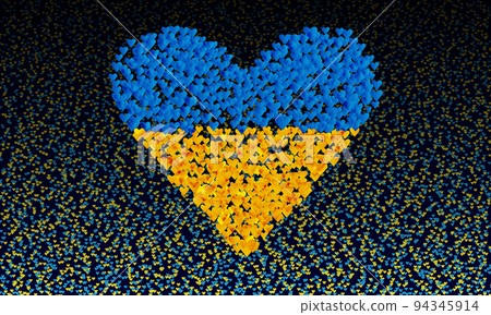 Blue and yellow hearts in one big heart with the colors of the flag of Ukraine. 94345914