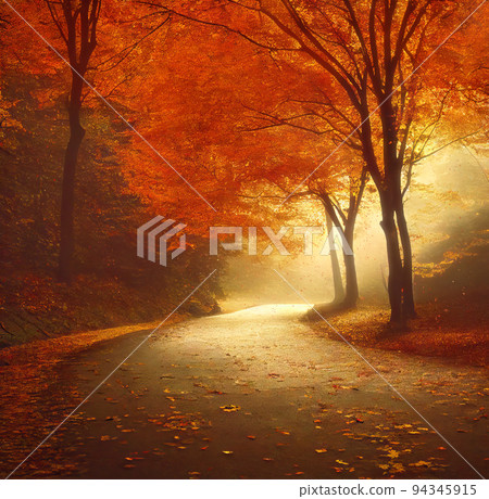 Misty morning in autumn park, red maple trees along an alley, square format. Digital illustration based on render by neural network Misty morning in autumn park, red maple trees along an alley, square format. Digital illustration based on render by neural network 94345915