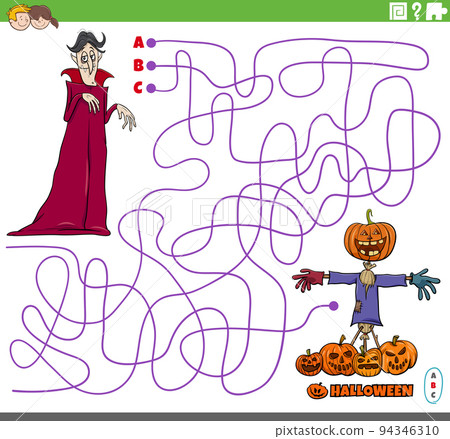 maze puzzle with cartoon vampire and Halloween pumpkins maze puzzle with cartoon vampire and Halloween pumpkins 94346310