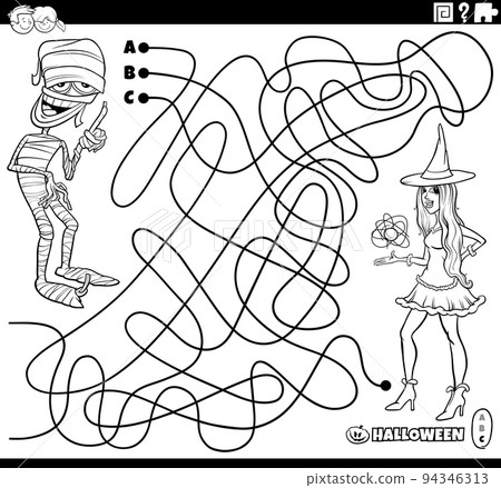 maze with cartoon mummy and witch on Halloween coloring page maze with cartoon mummy and witch on Halloween coloring page 94346313