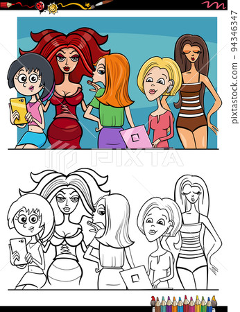 comic beautiful girls or women group coloring page 94346347