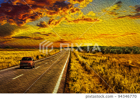 Car in a road passing through rural landscape 94346770