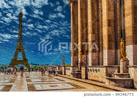 People at the Trocadero and Eiffel Tower in Paris 94346773