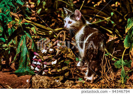 Cat walking like in a hunt among vegetation Cat walking like in a hunt among vegetation 94346794