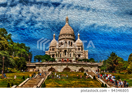 People on stairs at Sacre Coeur Basilica in Paris 94346805