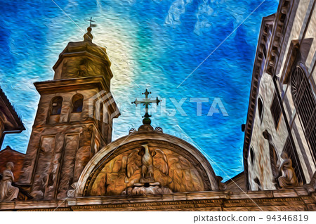 Carved marble portal and bell tower in Venice Carved marble portal and bell tower in Venice 94346819