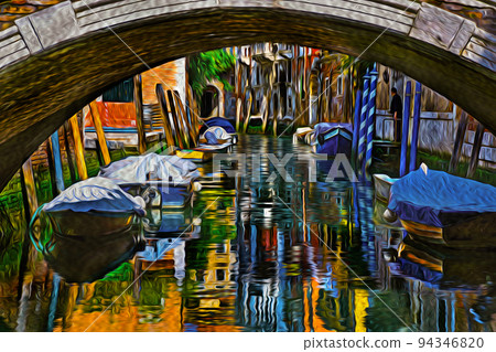 Bridge and boats in front of canal at Venice Bridge and boats in front of canal at Venice 94346820