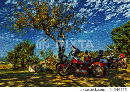 Parked motorcycles under trees shade 94346855