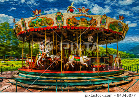 Happy child riding a horse from carousel in Annecy Happy child riding a horse from carousel in Annecy 94346877