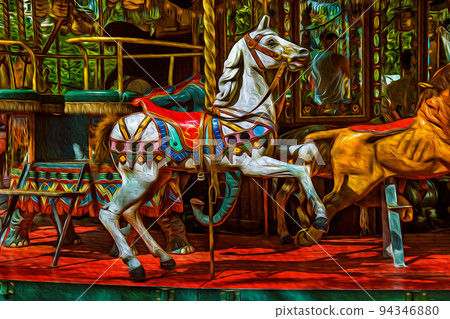 Colorful carousel with white horse in Annecy 94346880