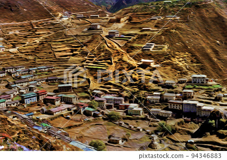 Small village at the bottom of mountains in Nepal 94346883