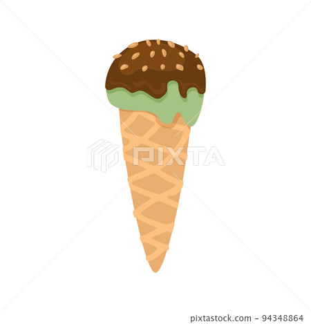 Chocolate pistachio icecream waffle horn flat. Juicy fresh choco nut summer print icon ad decor kid holiday sweet dessert template menu modern handmade sticker label business craft isolated 94348864