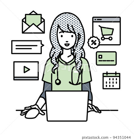 A nurse woman sitting at a desk and doing an online shop or marketing job on a PC A nurse woman sitting at a desk and doing an online shop or marketing job on a PC 94351044
