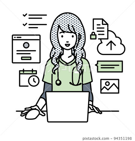 A nurse woman sitting at a desk and doing an online shop or marketing job on a PC 94351198
