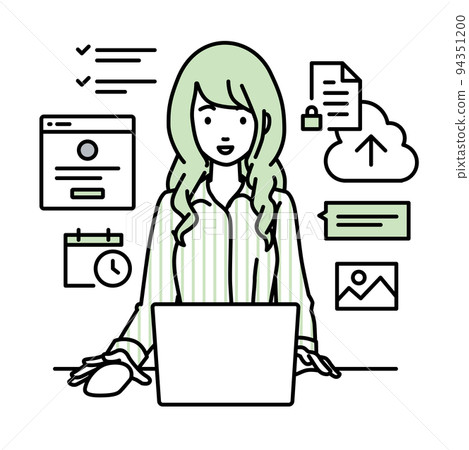 A woman in a blouse sitting at a desk and doing an online shop or marketing job on a PC A woman in a blouse sitting at a desk and doing an online shop or marketing job on a PC 94351200