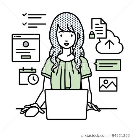 An office casual woman sitting at a desk and doing an online shop or marketing job on a PC 94351203