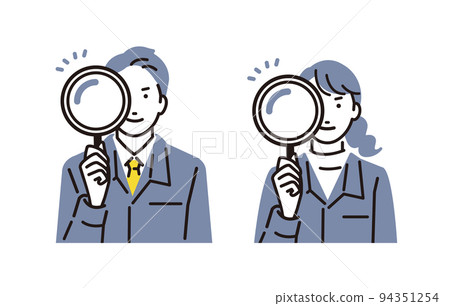 A set of men and women wearing work clothes looking through a magnifying glass 94351254