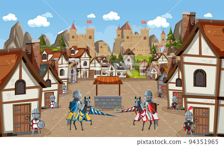 Medieval village scene castle background Medieval village scene castle background 94351965