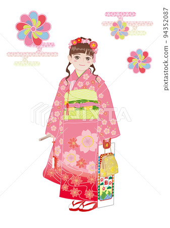A girl wearing a pink kimono at Shichigosan (7 years old) 94352087