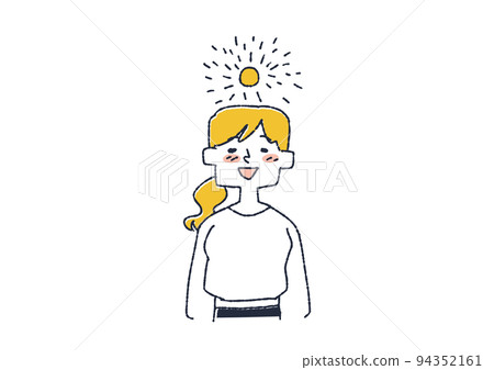 A woman with a sunny heart. An illustration that expresses people's thoughts and feelings with weather and marks above her head. 94352161