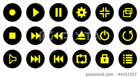 Icon set of round buttons to operate music and video players 94352357