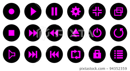 Icon set of round buttons to operate music and video players Icon set of round buttons to operate music and video players 94352359