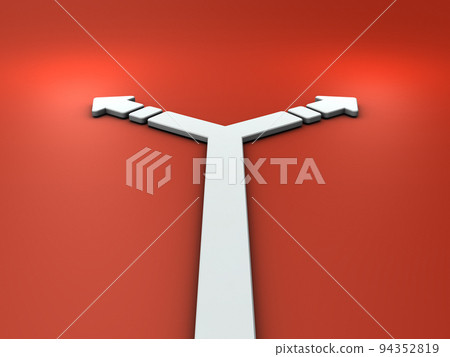 An arrow that splits left and right. Abstract concept representing crossroads and choices. hot red background. An arrow that splits left and right. Abstract concept representing crossroads and choices. hot red background. 94352819