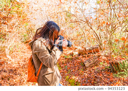 Woman photographing landscape in autumn forest 94353123