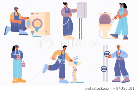 Plumbers and handymen repair broken plumbing set Plumbers and handymen repair broken plumbing set 94353191