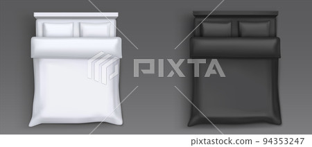 Double beds with black and white linen top view Double beds with black and white linen top view 94353247