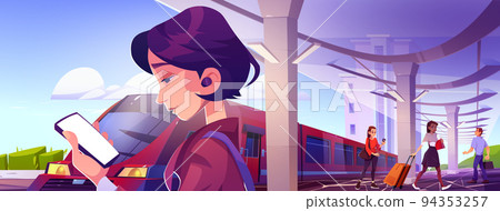 People on railway station with train, passengers People on railway station with train, passengers 94353257